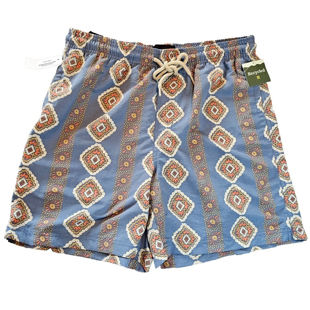 Tilly's RSQ Swim Board Shorts Men's Small No Lining Blue White Retro geo NWT